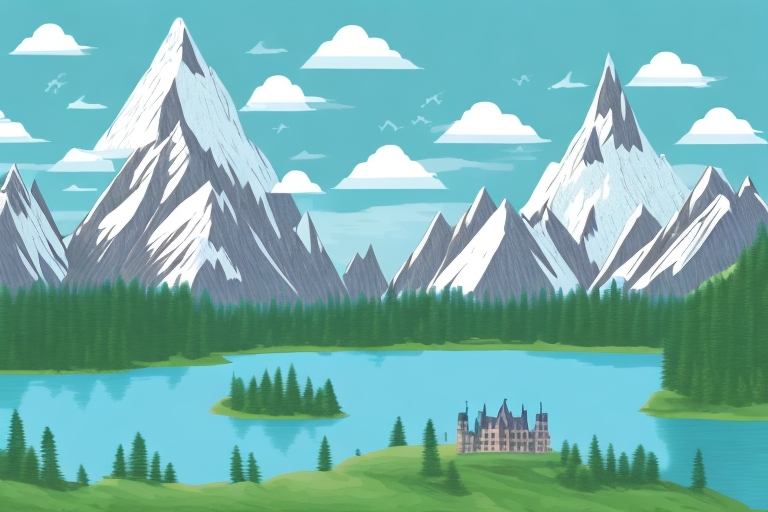 A mountain landscape with a lake in the foreground and a castle in the background