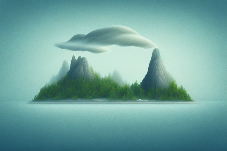 An isolated island surrounded by a mysterious fog