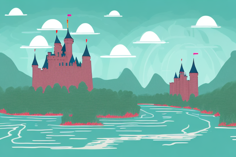 A winding river with a mysterious castle in the background