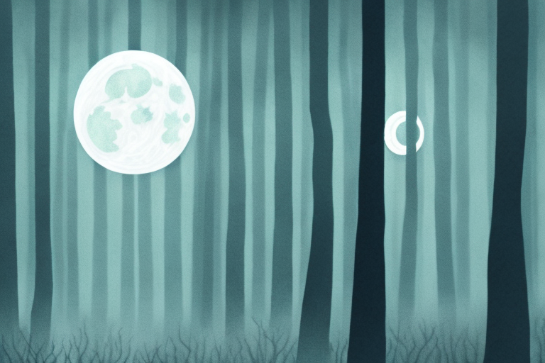 A dark and eerie forest with a full moon in the background