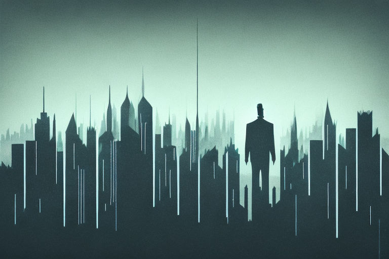 A dark city skyline with a mysterious figure lurking in the shadows
