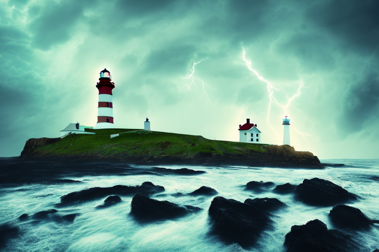 A lighthouse on a rocky shoreline