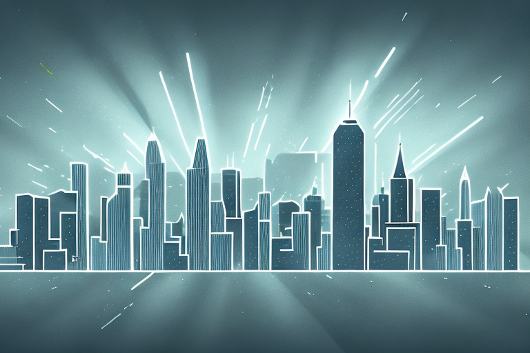 A dark city skyline with a bright spotlight shining down on it